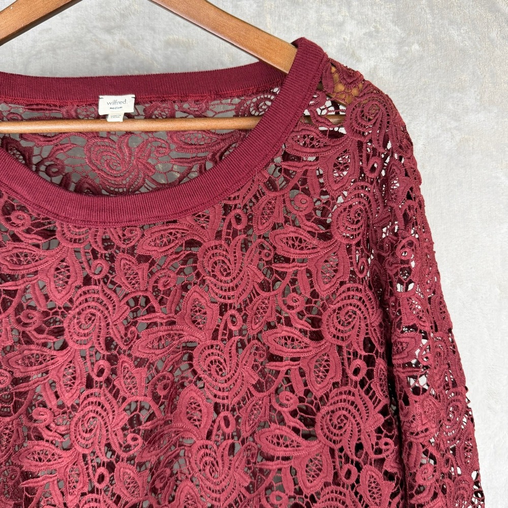 Wilfred Aritzia Burgundy Lace Pullover Top Sheer Floral Scroll Medium